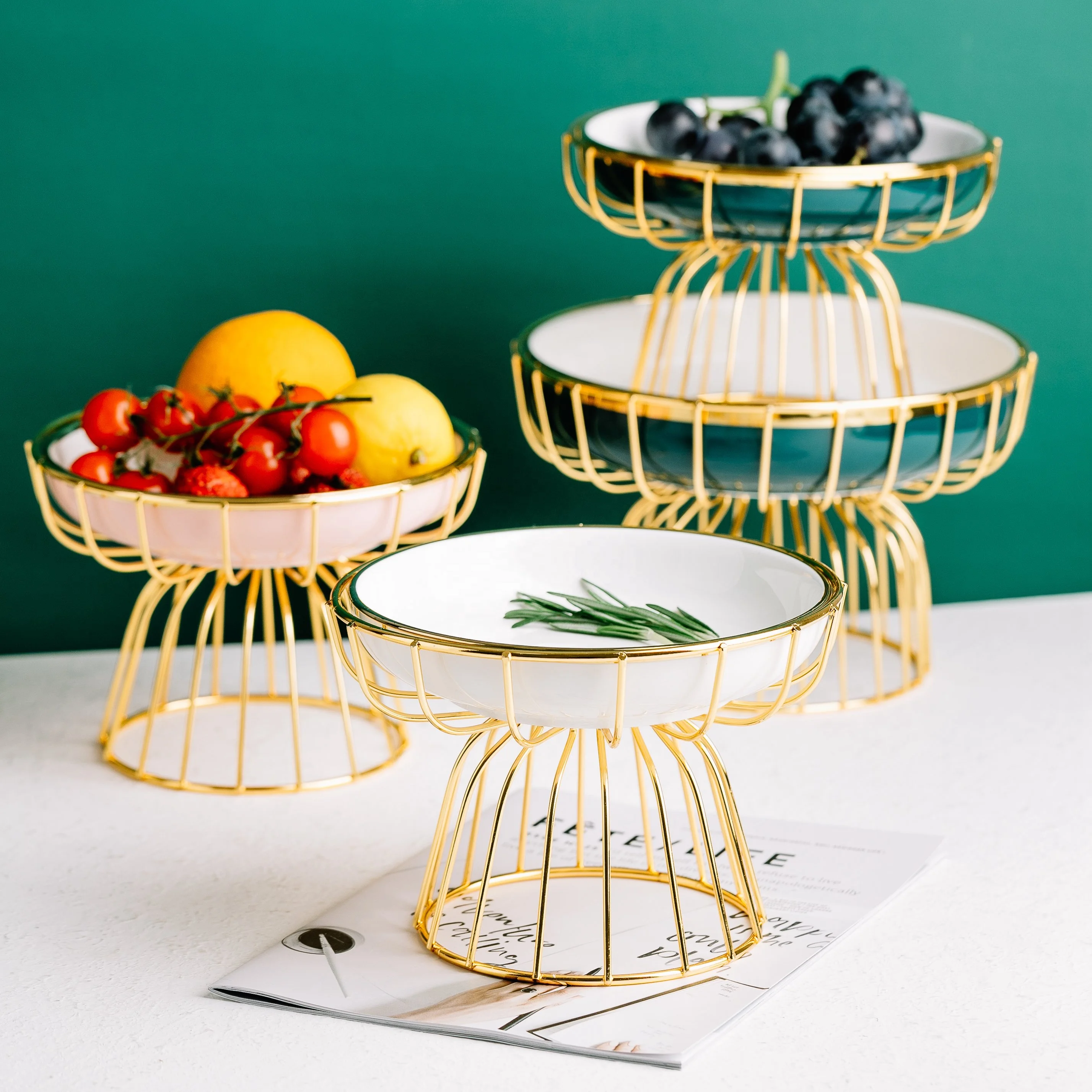 

Light Luxury Ceramic Tableware Fruit Tray Plate Dish Basket Nordic Style Living Room Tea Table Golden Shelf, White/green