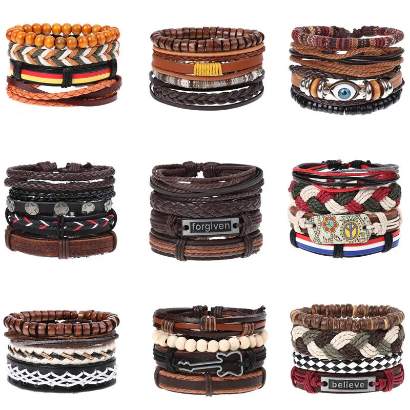 

Vintage Men Multi-layer Leather Bracelet Braided Wristband Bangles Star Leaf Owl Handmade Rope Wrap Bracelets Set (KB8373), As picture