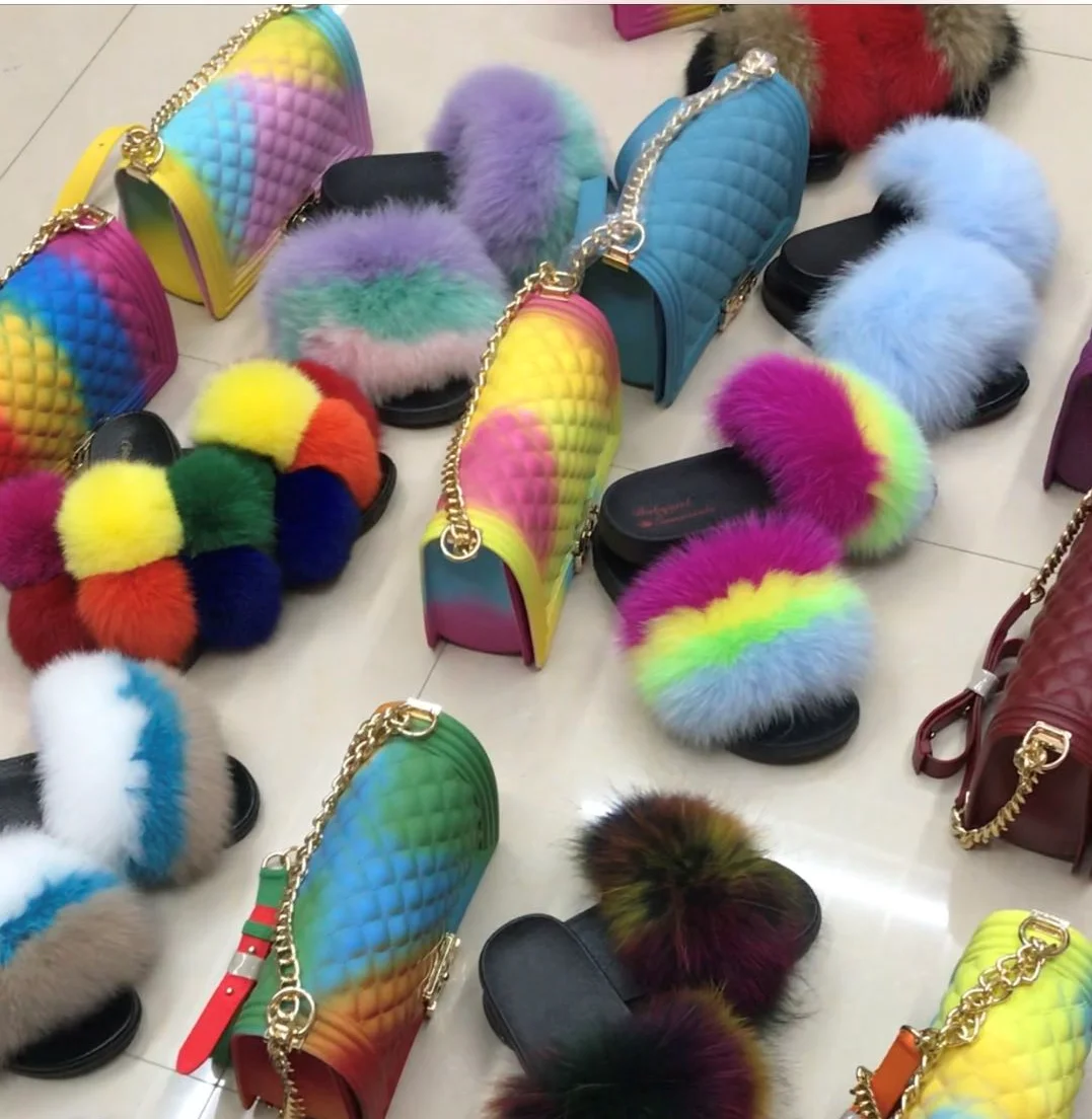 

raccoon fur slippers big fur slides fur slippers with purse set, Customized color