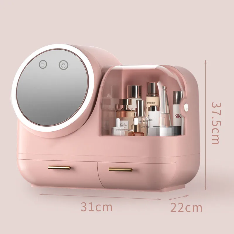 

2022 Makeup Organizer Cosmetic Storage Case With 360 Rotating Led Mirror & Fan For Skincare Perfume & Jewelry Organizer, Colorful