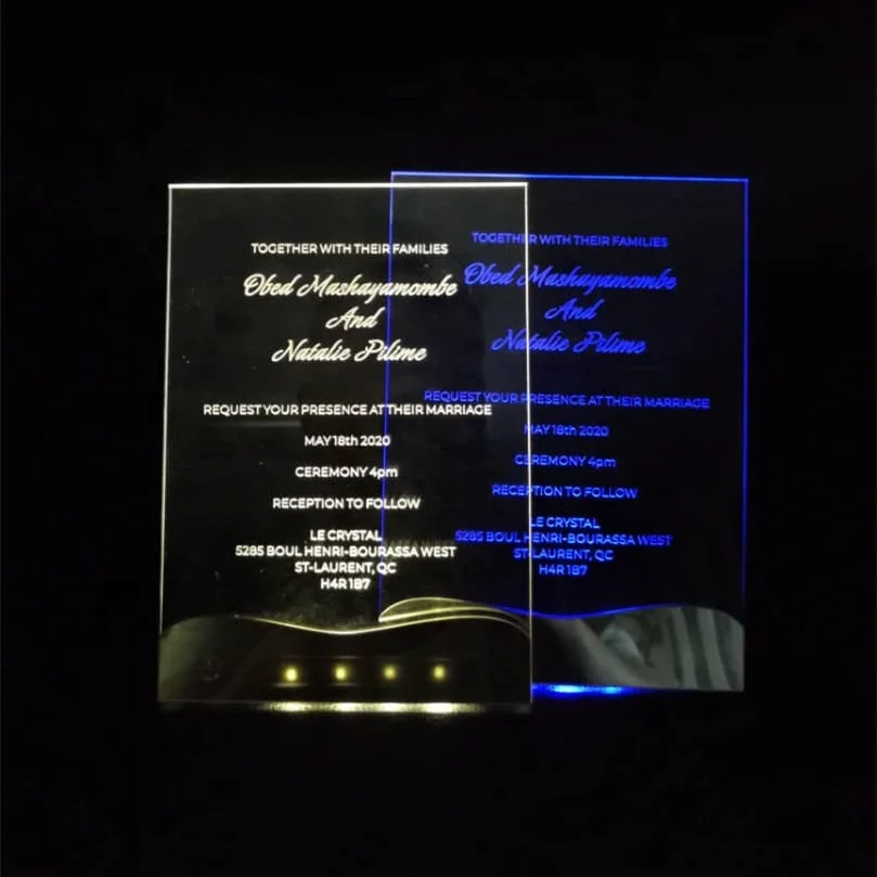 

New Arrival Elegant Transparent Sparkling Wedding Invitation Cards LED Clear Acrylic Invites custom menu cards engraved text