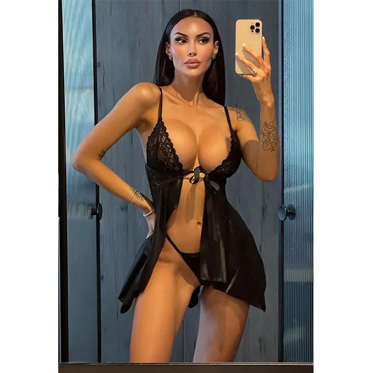 

Women Wedding Night Lingerie Sets Babydoll Lace Embroidered Bow Plunge Bras Camisole Set, Black