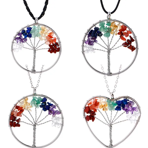 

7 Chakra Quartz Natural Stone Life Tree Women Healing Crystal Pendant Necklace, Silver