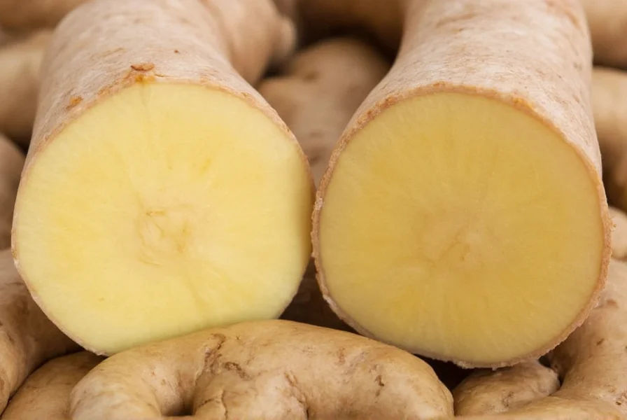 Close-up of sliced greater galangal rhizomes next to common ginger, showing the lighter color and smoother texture of galangal