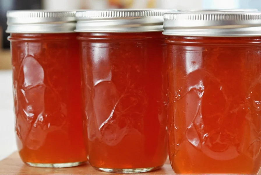 Close-up of properly sealed pepper jelly jars showing correct headspace and secure lid seals