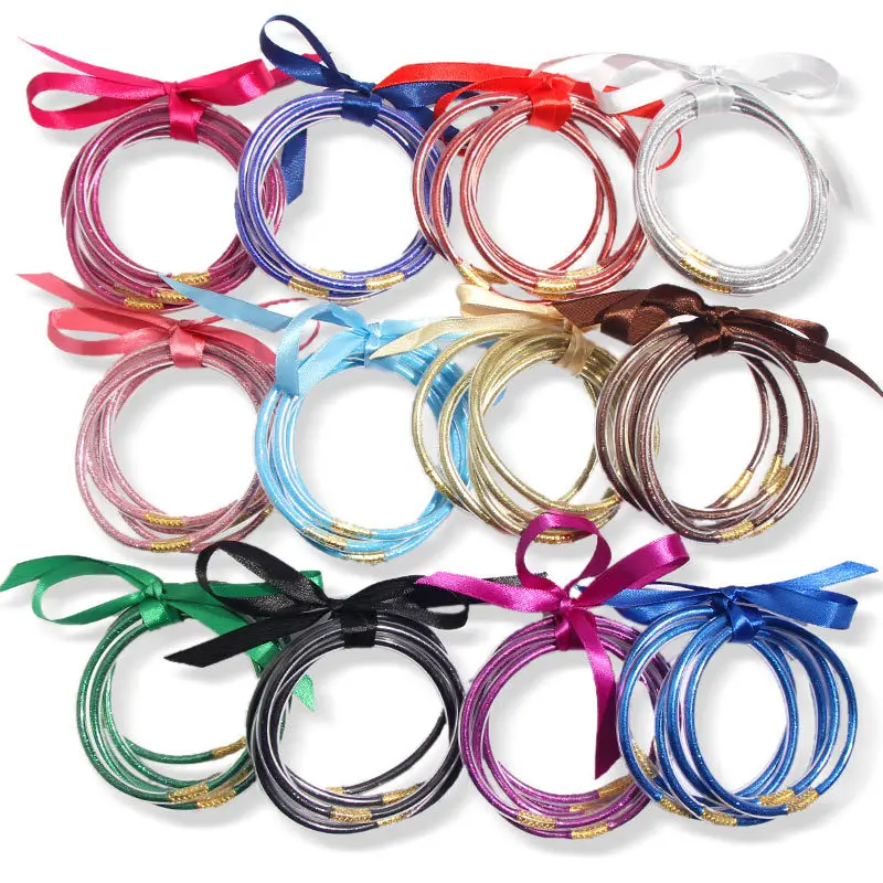 

New Arrivals 5pcs pack 39 Multicolor Bowknot Ribbon Gold Powder Lining Jelly Silicone Bracelet Glitter Jelly Bangle Bracelet Set, 16 multicolors