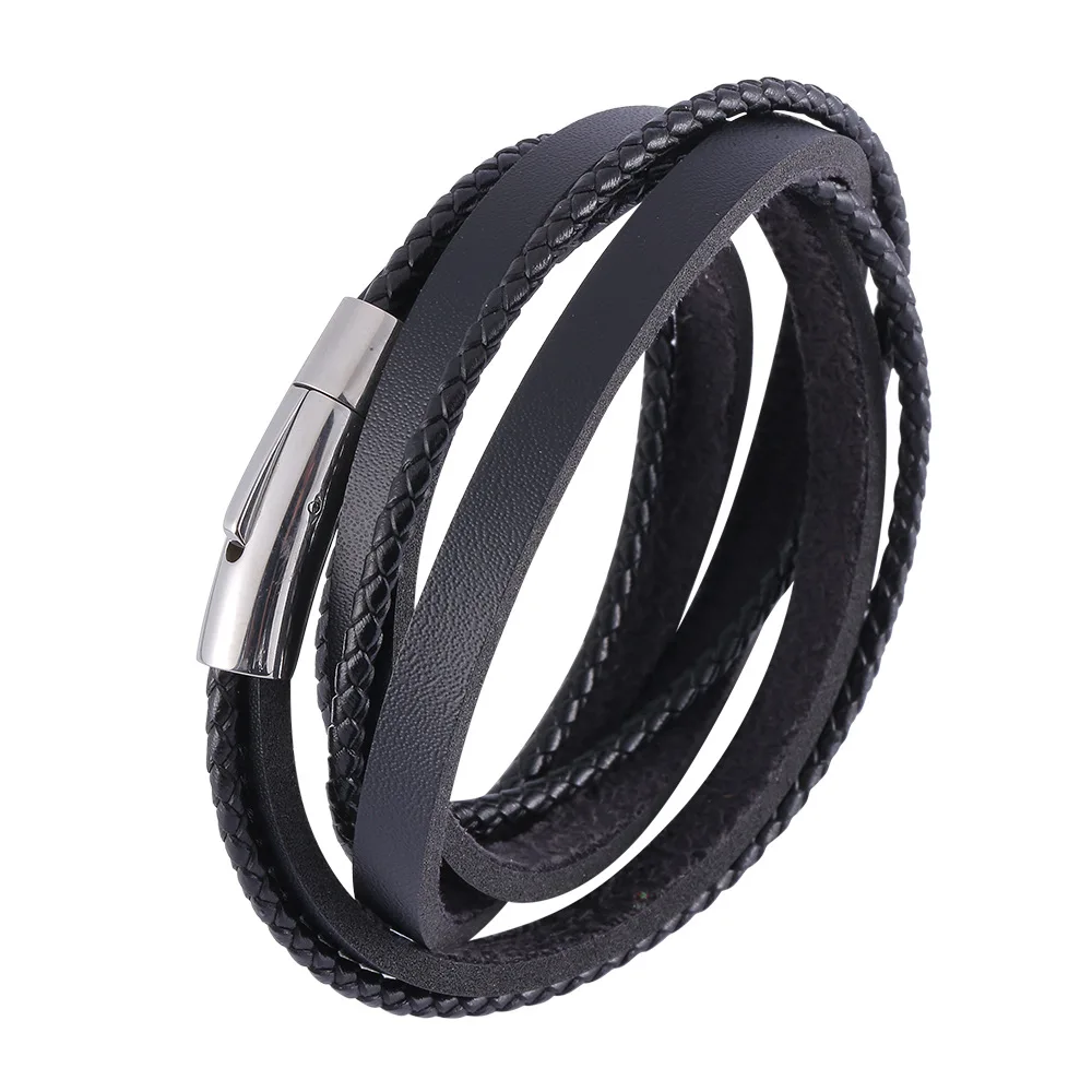 

Hot Sale Multi Layer Woven Cowhide Stainless Steel Bracelet Jewelry Black Brown Leather Bracelet Wholesale For Boyfriend Gift