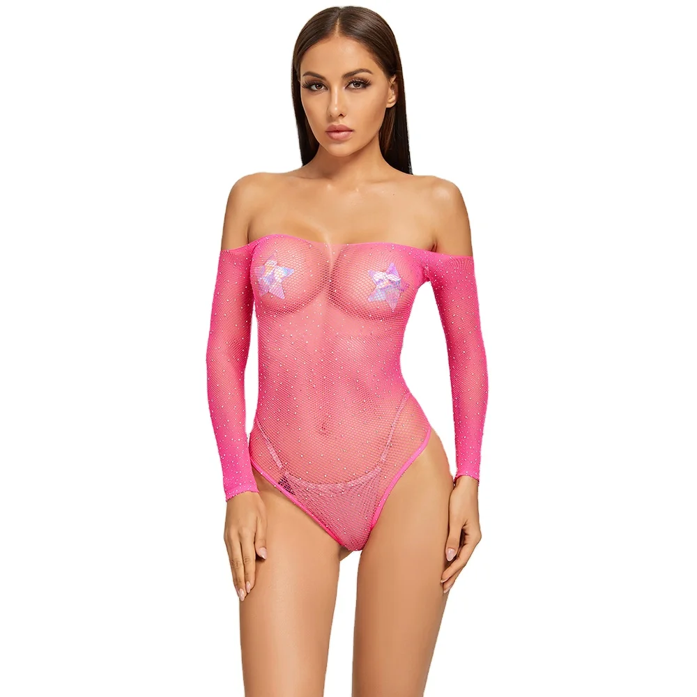 

2021 Hot Rhinestone Bikini lace mesh fishnet bodysuit Hollow-out Fishnet Sheer bodystocking Underwear Sexy Lingerie Set, Picture shows