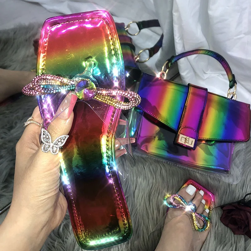 

New Fashion Dazzle Rainbow Bow Square Toe Flip Flops Transparent Strap Flat Slippers Sandals Shoes Bag Set For Ladies And Women, Colorful bags