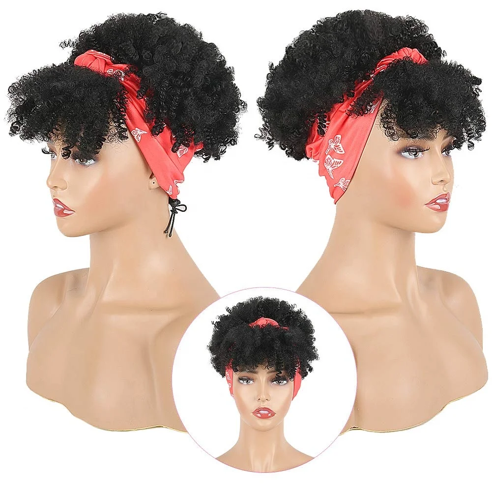 

Mysure Short Afro Kinky Curly Wigs Synthetic High Puff Afro Ponytail Drawstring Black Wig with Bangs Wrap Headwrap Wig Headband, Solid and ombre