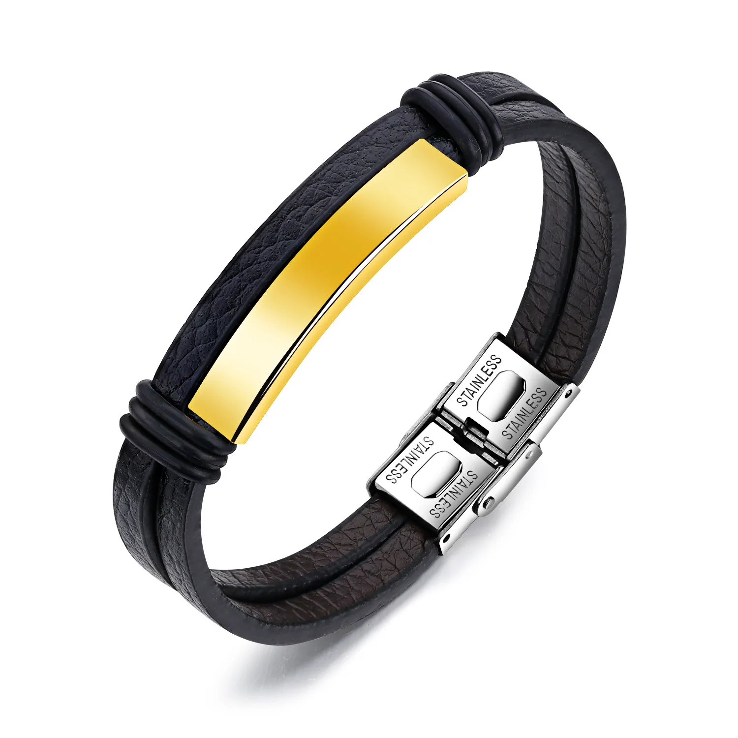 

Retro Simple Double Layers Black Leather Bracelet Adjustable Gold Stainless Steel Leather Bracelet For Men