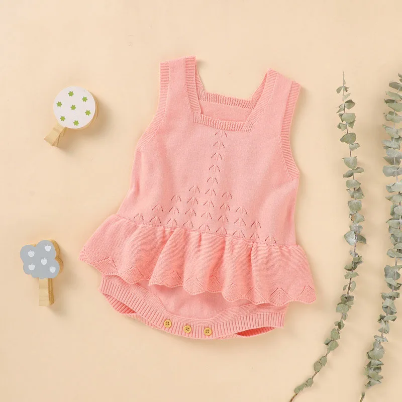 

2021 New Arrival Solid Color Hollow Baby Rompers Cotton Knitted Baby Dress Clothes