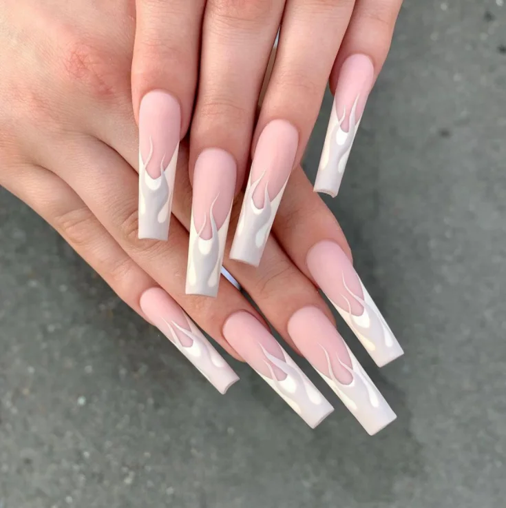 

grey flame long press on false nails full cover french false nail tips