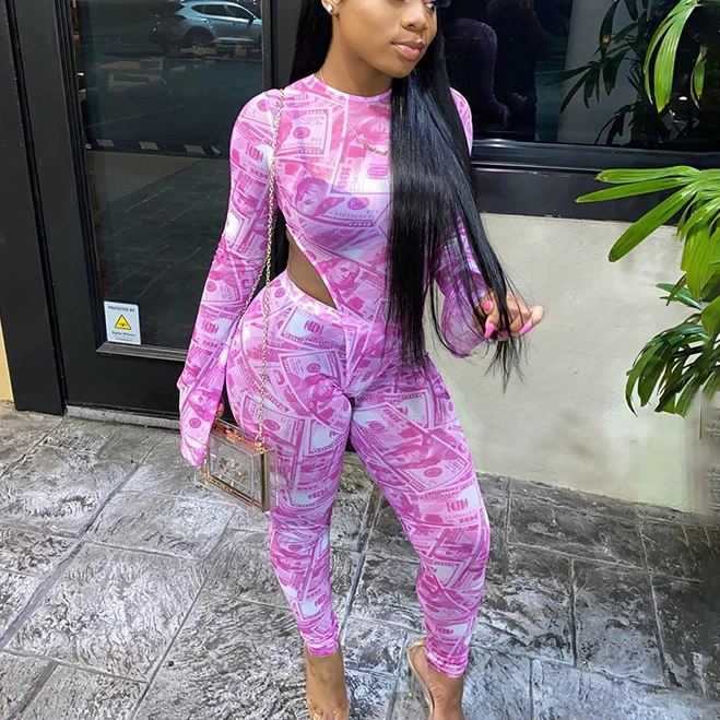 

RS436 Pink Mesh See Through Sexy Hot Matching Club Women Flare Sleeve Bodycon 2 Piece Outfits Party Bodysuit And Pants Sets