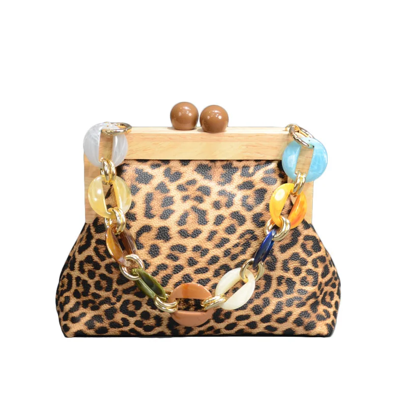 

Fashion Leopard Print Wood Clip MINI PU Leather Handbag Women Acrylic Chain Bag, 1 colors