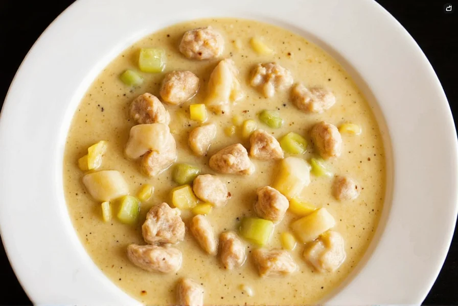 Bowl of creamy chicken and rice soup with garnish