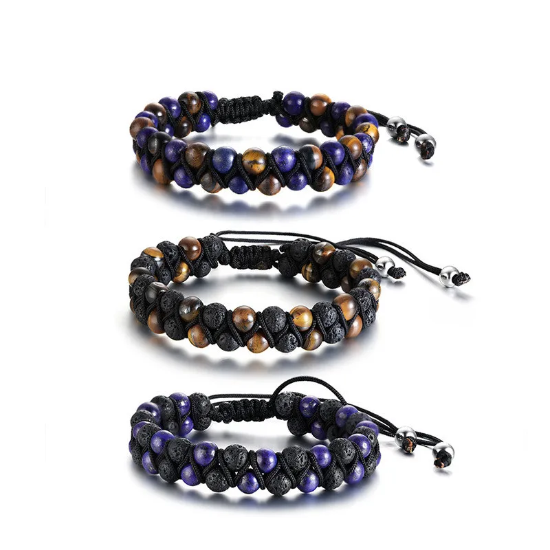 

Volcanic stone lapis lazuli beaded men bracelet double adjustable braided bracelet wholesale, Customized