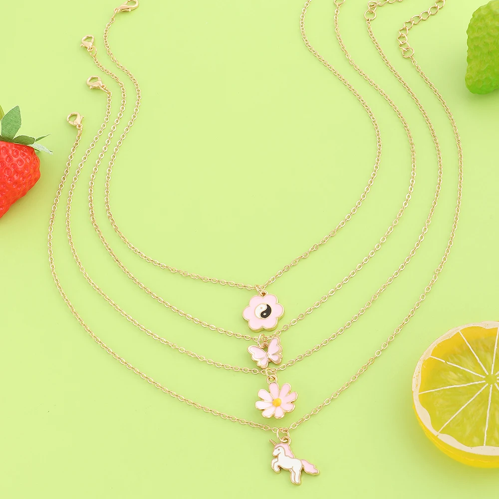 

4 Pcs/set Wholesale Fashion Pink Cartoon Butterfly Flower Unicorn Necklace Charm Pendant Necklace Set For girl