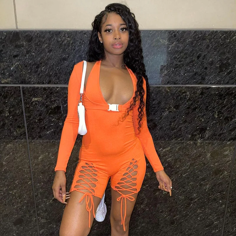 

Wholesale 2021 new autumn arrivals one piece halter stylish long sleeve bandage sexy short jumpsuits, Photo shows