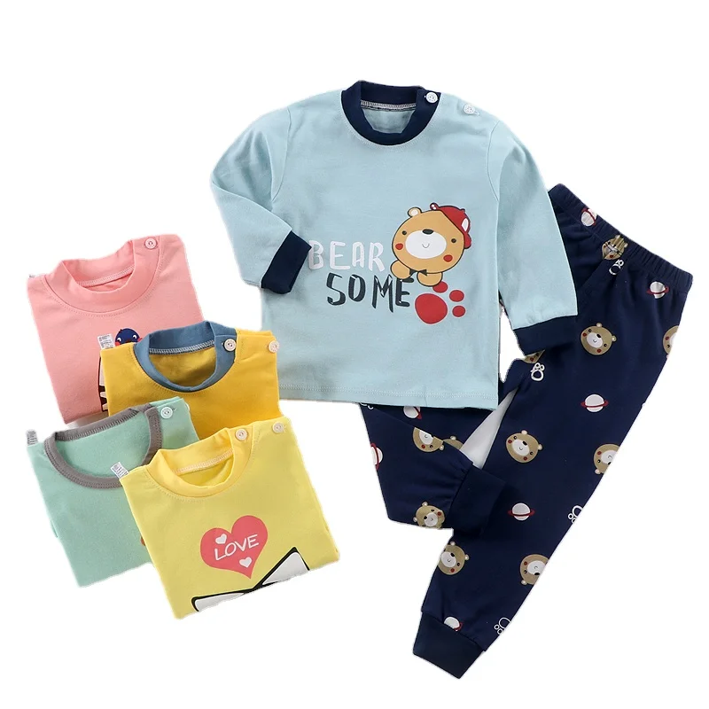 

Customized Children Long T shirt set 100% cotton knitted sleepwear
