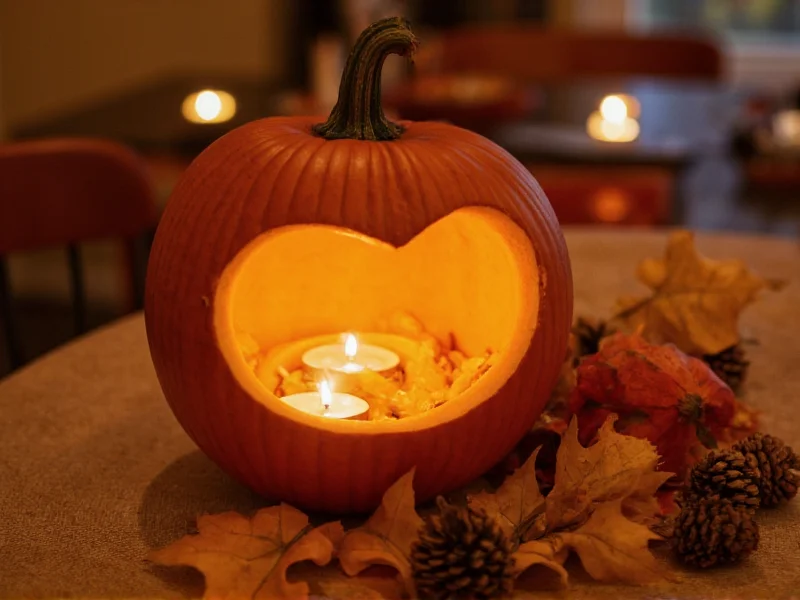 Hollowed pumpkin filled with tea lights and autumn leaves on dining table