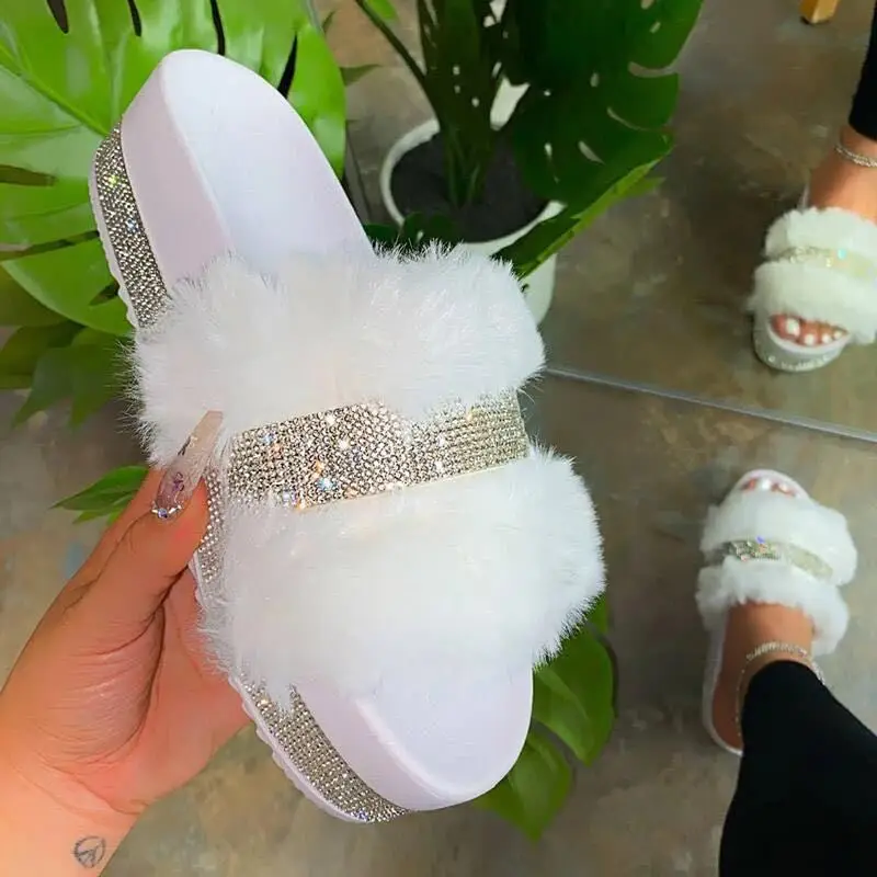 

Comfortable Bling Bling Diamond High Flat Fur Slipper Sandals For Ladies, Customized color