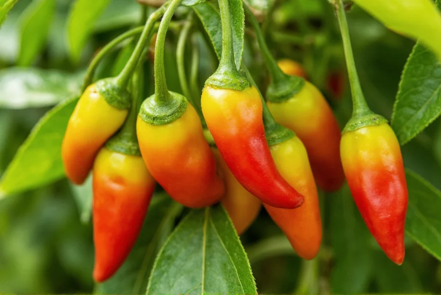 Close-up of chili peppers showing color gradient from green to red on the same plant