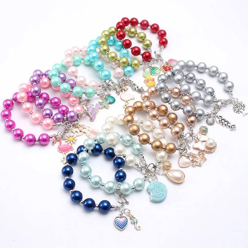 

RTS solid color beaded chunky bubblegum charming children gift kids bracelet with pendant, As picture show