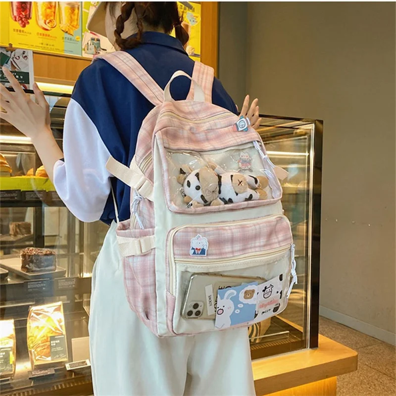 

2022 Spring and Summer Plaid Book Bag Japanese Style Waterproof Nylon Backpacks for Women Carton Cute School Bags, 4 colors