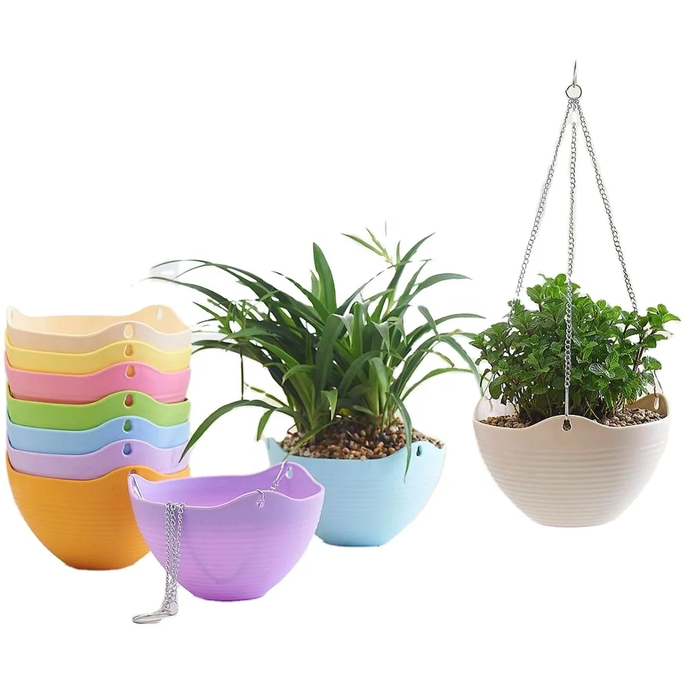 

Indoor Outdoor Plastic Round Hanging Plant Planter Flower Pots With Metal Chain, White,pink,orange,blue,yellow,purple,green