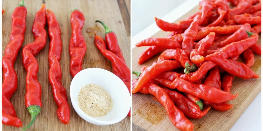 Dried red peppers hanging in a sunny kitchen