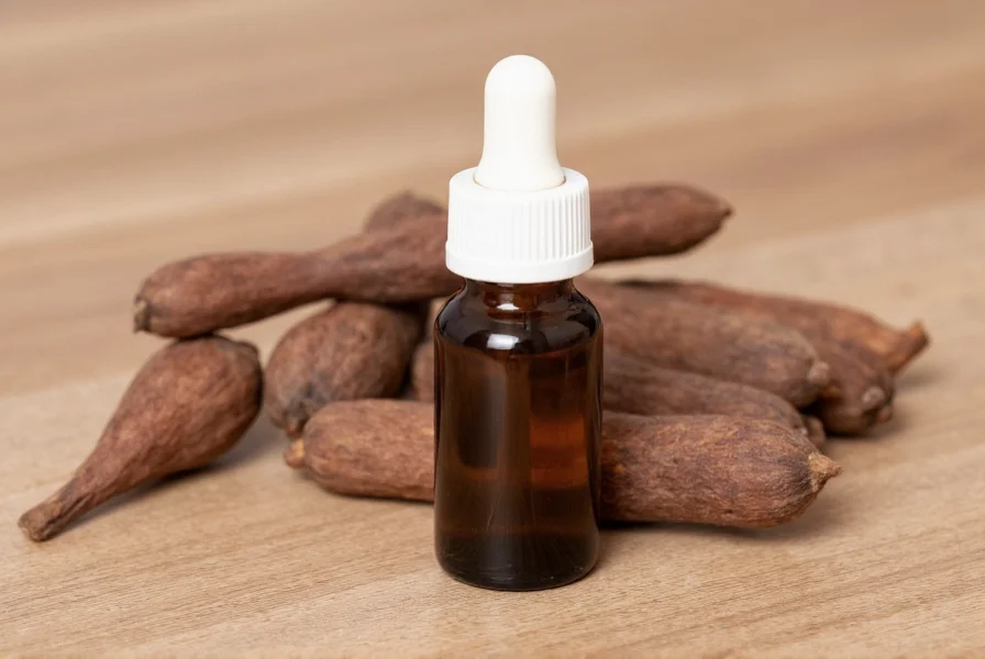 Close-up of clove oil label showing purity information