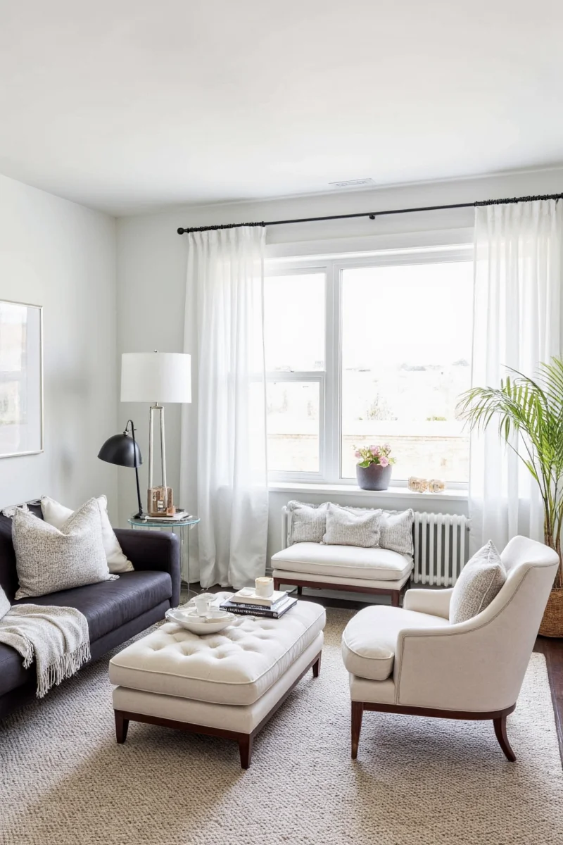 Rug and wall art adding depth to a small living area