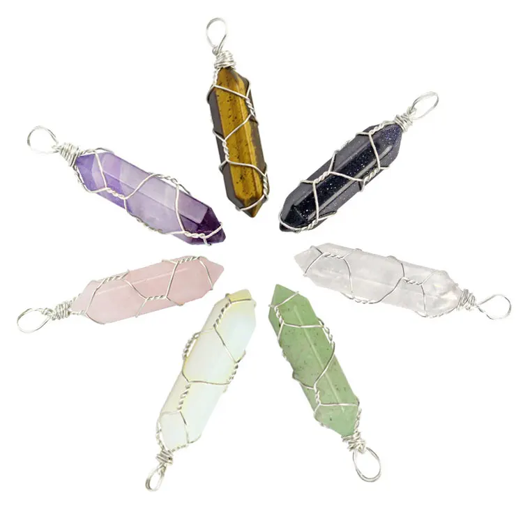 

Fashion Natural Stone Pendants Charm Necklace Dainty Gold Wire Wrapped Hexagonal Healing Crystal Pendants Necklace for Women, Colorful