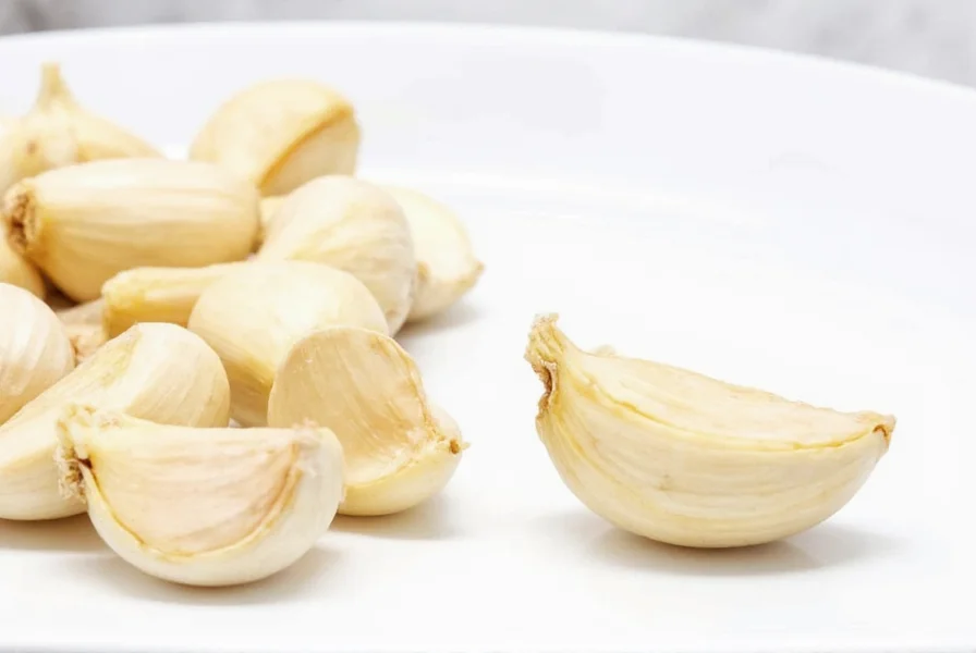 Three medium garlic cloves next to a teaspoon measurement showing equivalent volume