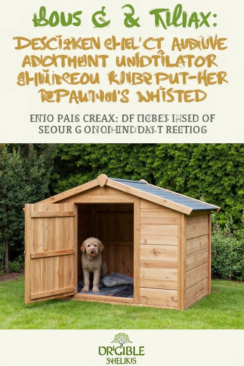 A whimsical pastel-colored garden shed with a tiny dog door, surrounded by flower beds and stepping stones.