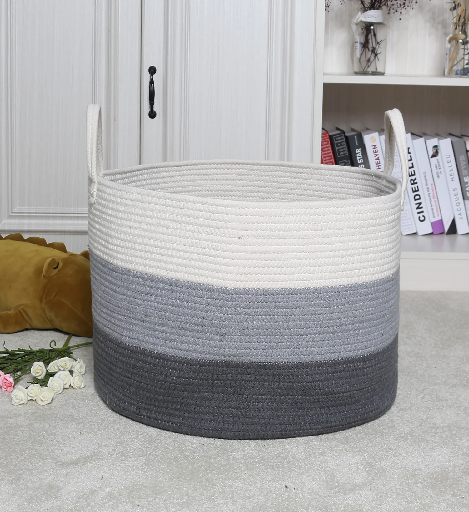 Grey Woven Large Cotton Rope Basket Storage 17"x15" W Handles Buy