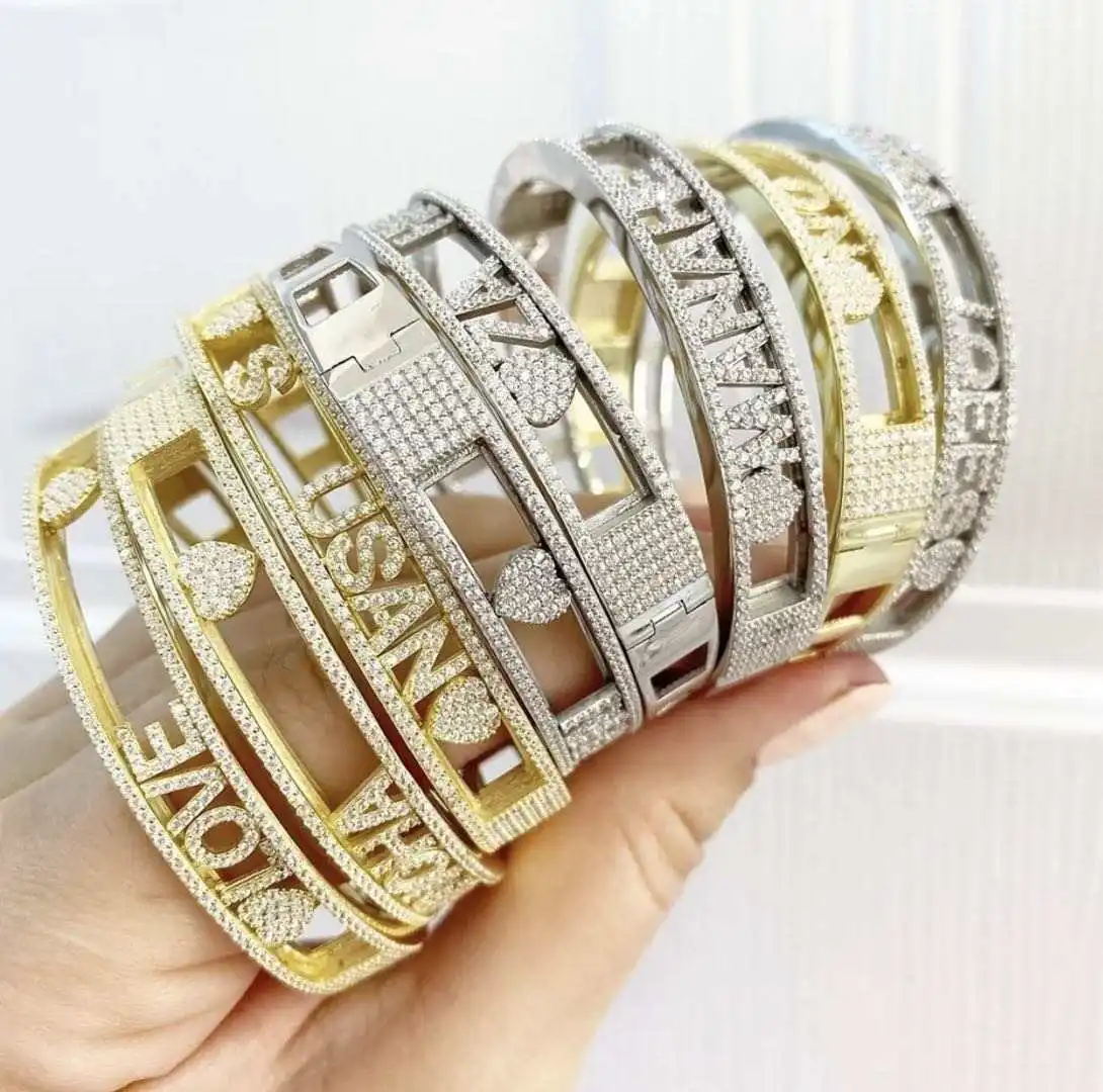 Drop Shipping Bracelets & Bangles Luxury Iced Out CZ Diamond Personalized Custom Sliding 26 Alphabet Initial Letters Name Bangle