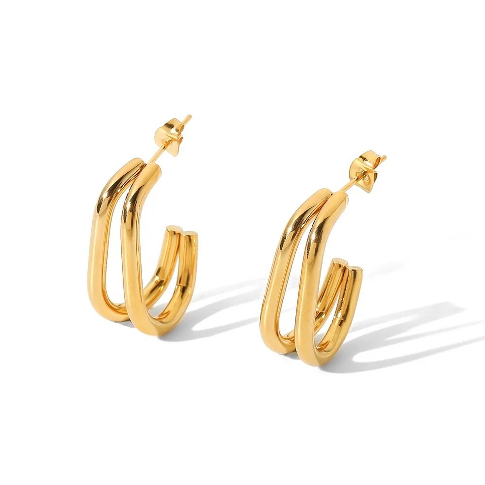 Pitite 2 Layer Geometric Dainty Ins Popular 18K PVD Gold Plated Stainless Steel Hoop Earrings