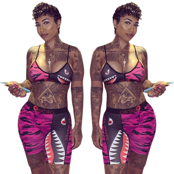 

Camouflage Colorful Print Short Two Piece Bra Set Tracksuits For Women Slimming Sheaths Sleeveless Ethika Women Set, As show