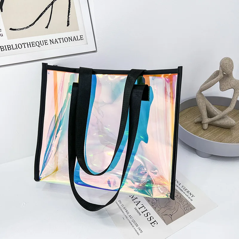 

2022 Laser PVC Clear Beach Bag Ladies Shoulder Purse Bag Transparent Shopping Handbag Women PVC Tote Bag, Coffee clear and clear