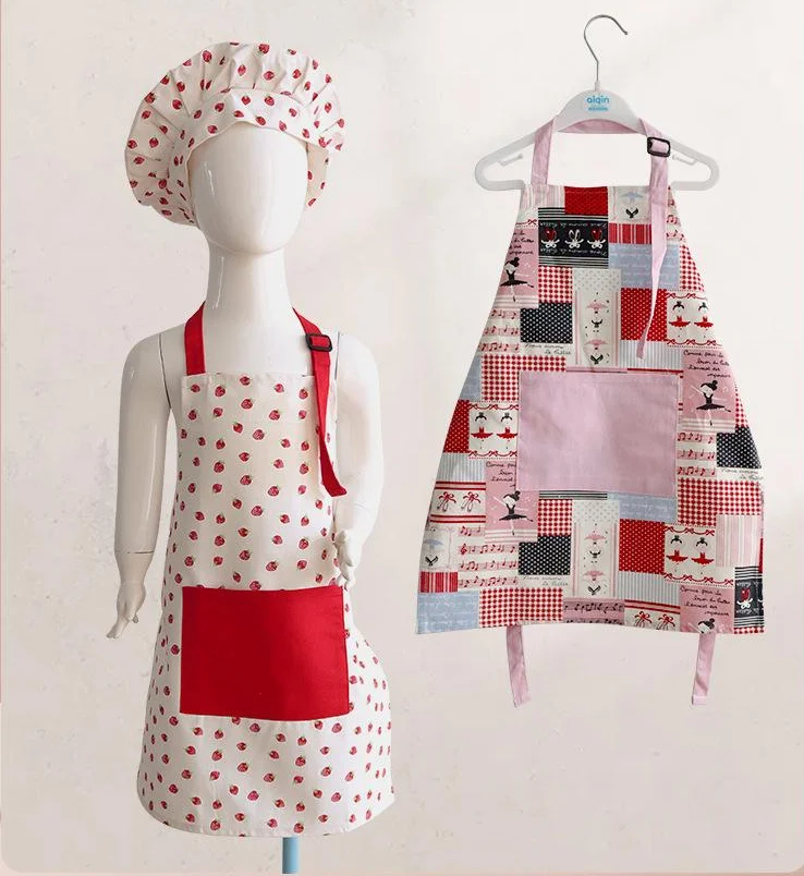 

Custom print logo cotton home children baking painting cleaning anti-fouling plaid kids aprons kitchen cooking with two pockets, Multicolor