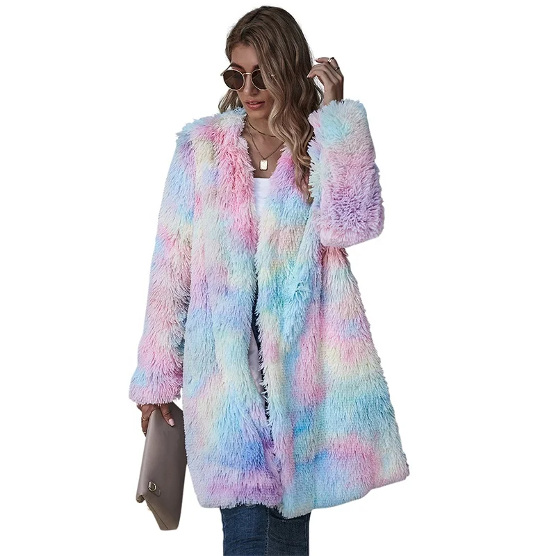 

New women's casual jacket plush color tie-dye long fashion long sleeve coat