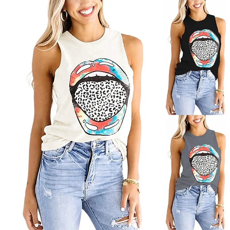 

Leopard grain color lip pattern tank top round neck sleeveless tshirt fashion ladies tops, Black/gray/white