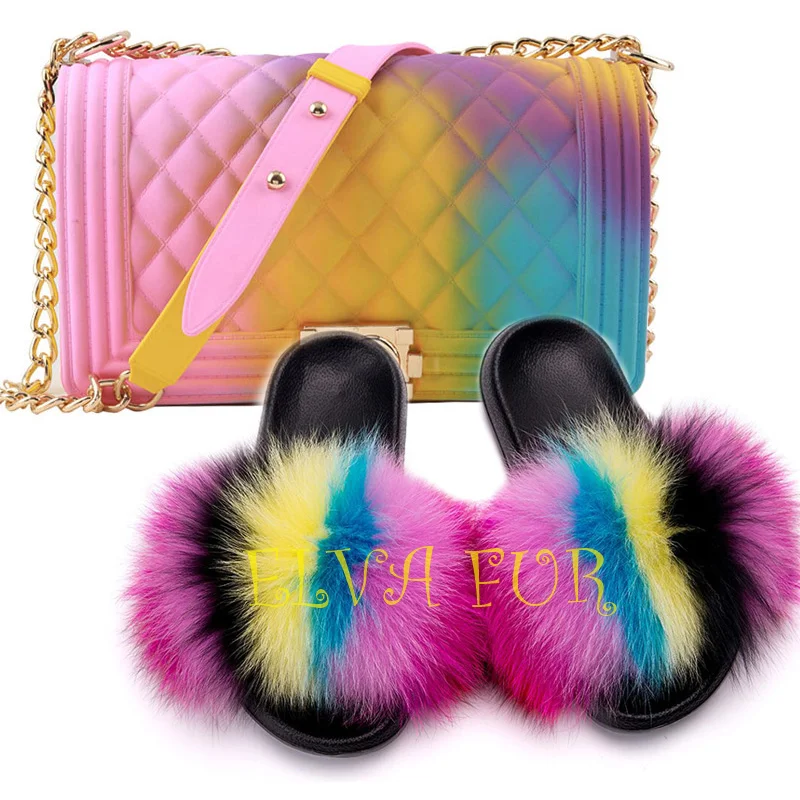 

2020 ELVA mixed-colored new style flat slides fox fur sandal slippers for women fur slides, Colours