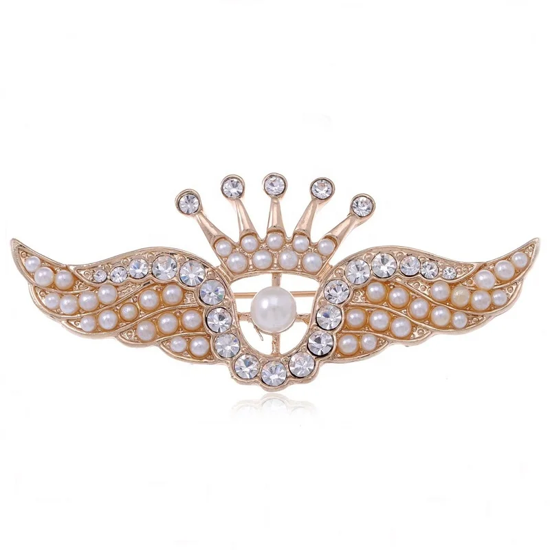 

Golden Tone Faux Pearl Rhinestone Crystal Crown Angel Wings Pin Brooch Gift For girl Valentine's Day, Picture