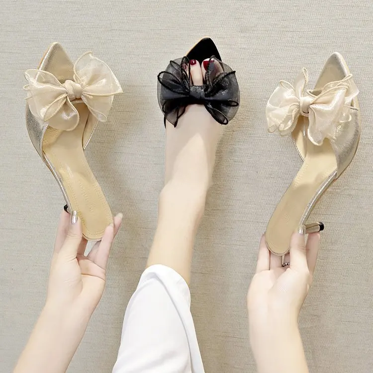 

High heel slippers with thin heels fashion flip-flop 2020 summer sexy bow middle heel wear women's slippers, Gold,black