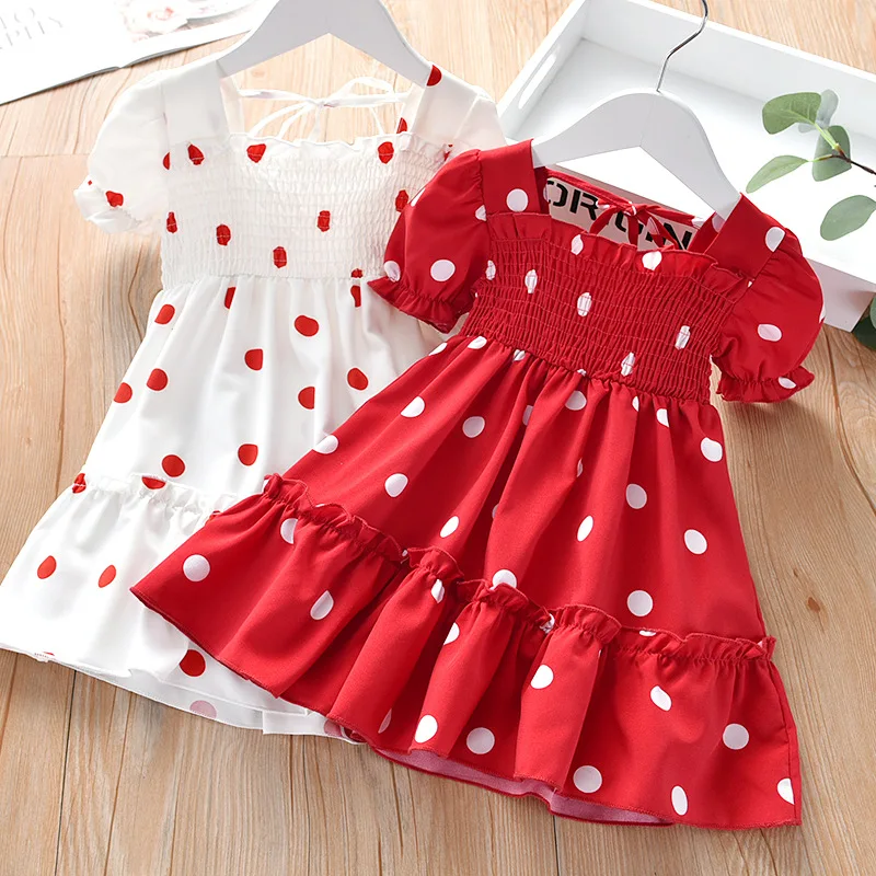 

CBB059 New fashion teenage Girls summer short sleeve dots printed princess dress clothing for kids