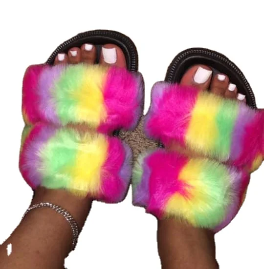 

2020 Wholesale Faux Fur Slides For Women Fox Fur Slippers Vendor Custom Women Fashion Double Strap Fur Slides, As per customer's request