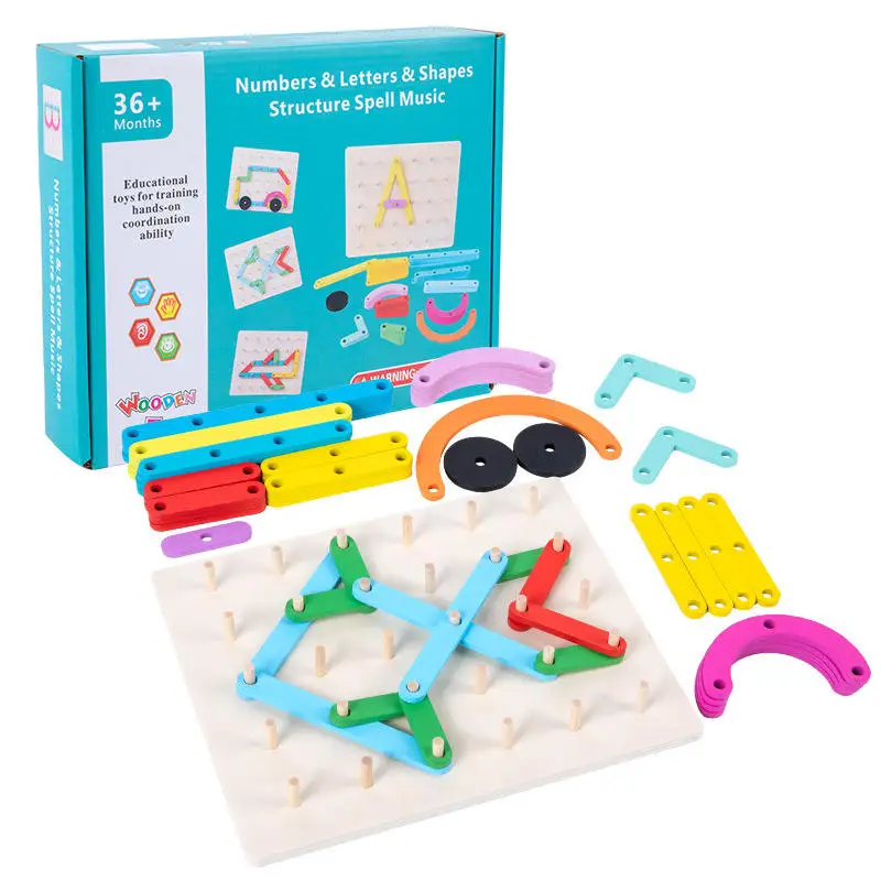 Children Wooden Letter Geometry Shape Nail Board Montessori Other Educational Teaching Aids Gift Matching Toys for Kids